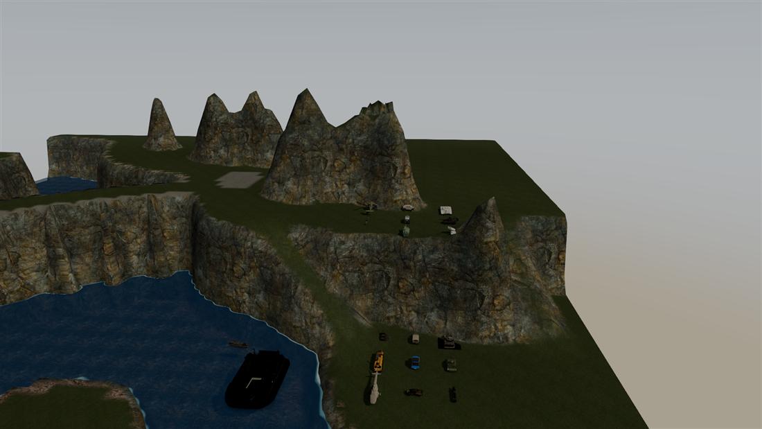 Cliffs, a cove, and a landing force coming ashore