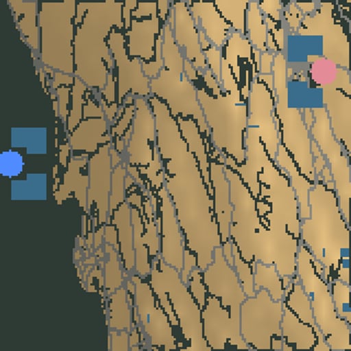 Plan view of the Kharg to Shiraz map: coast, passes, and mountains