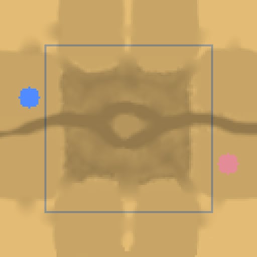 Plan view of the 1v1 skirmish map: open desert and a river bend