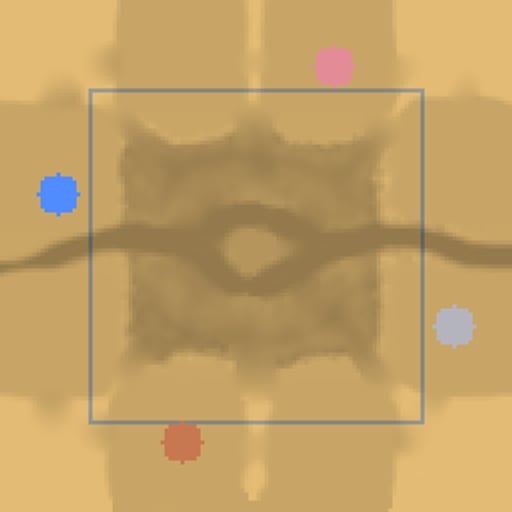 Plan view of the four-player skirmish map: desert with four starts