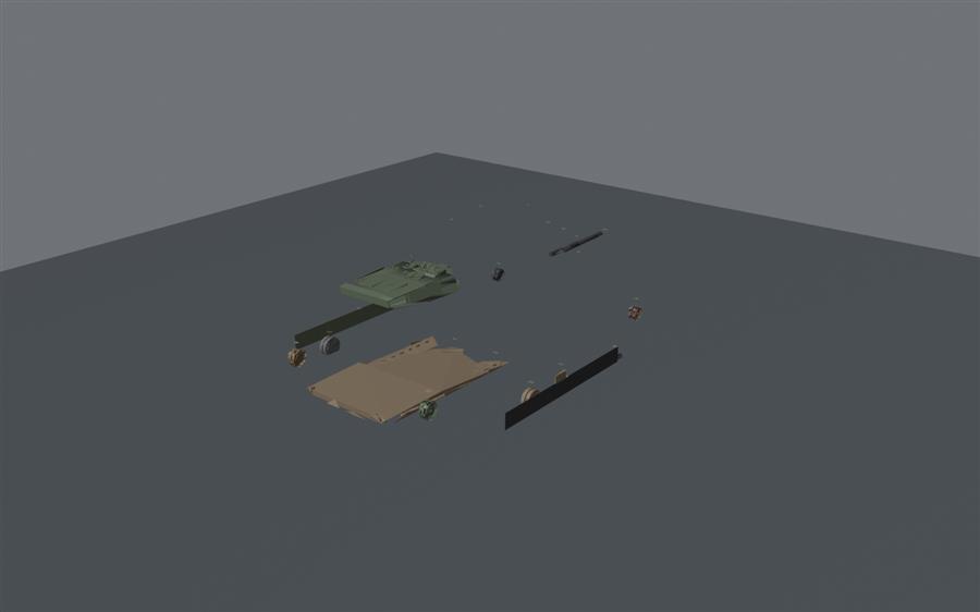 A JCOM main battle tank in exploded view: turret, barrel, hull, and running gear separated