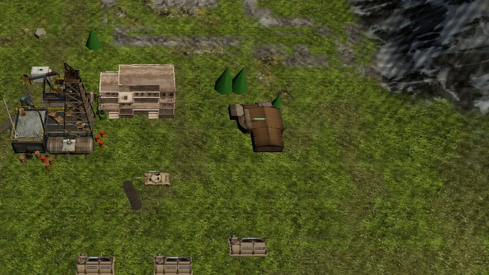 AoI units and buildings on a green hillside below a rocky ridge