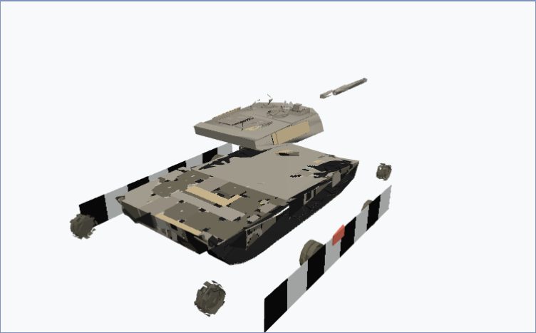 The JCOM main battle tank with turret, barrel, hull, and wheels separated